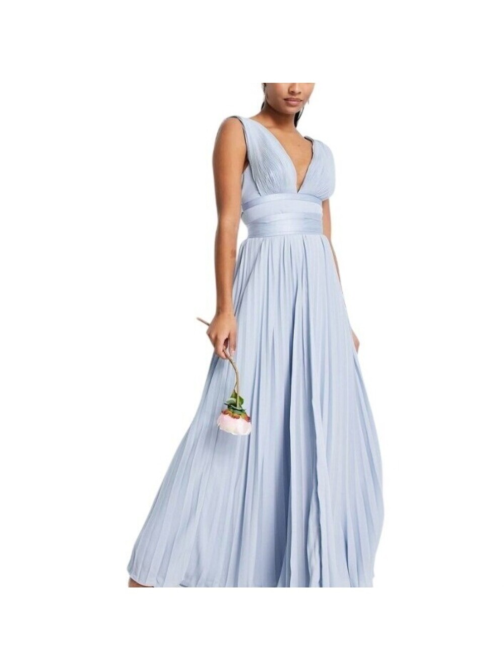 ASOS Women's Blue Pleated V Neck Satin Wrap Waist Cami Maxi Dress Petite Size 00